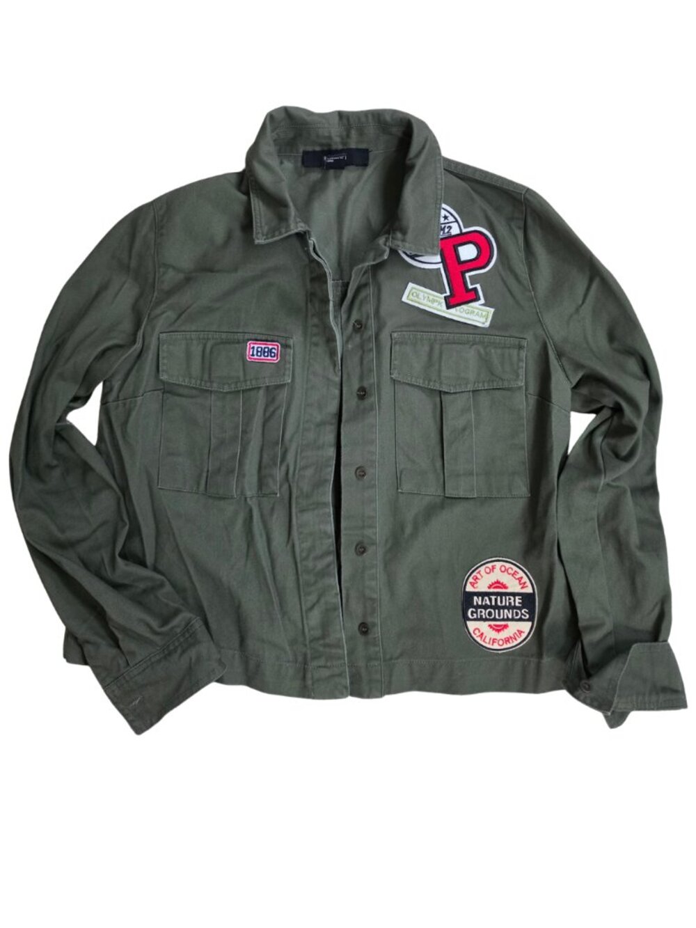 Forever 21 Olive Green Utility Field Short Jacket Embroidered Patches Army Small - Picture 2 of 7